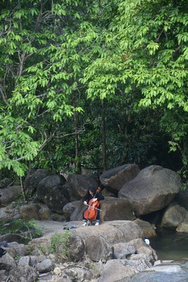 Cello player on a huge rock