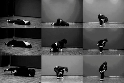 Black-and-white photographs, a 3 x 3 grid of nine frames, from lying down to upright