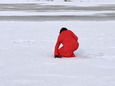 A triangular back view; the twisted left arm reaches behind and grips the ice