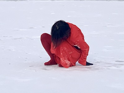 A composition like the Japanese flag: a curled red body on a white ground